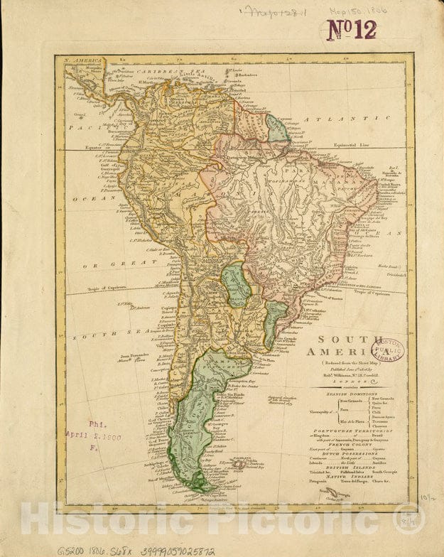 Historical Map, 1806 South America : Reduced from The Sheet Historical Map, Vintage Wall Art