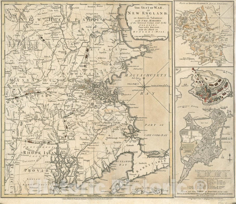 Historical Map, 1775 The seat of war in New England, by an American volunteer : with the marches of the several corps sent by the Colonies towards Boston, Vintage Wall Art