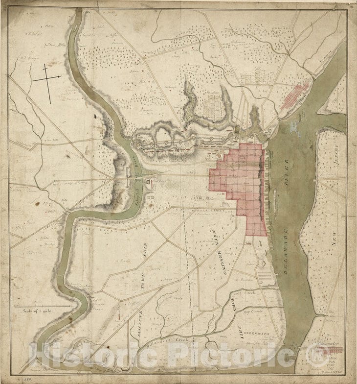 Historical Map, 1778 Philadelphia and Neighborhood, Vintage Wall Art