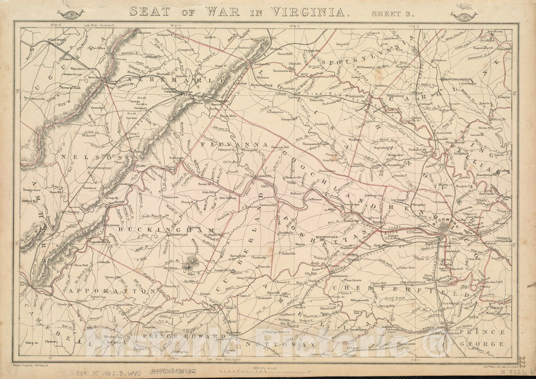 Historical Map, 1862 Seat of war in Virginia, Vintage Wall Art