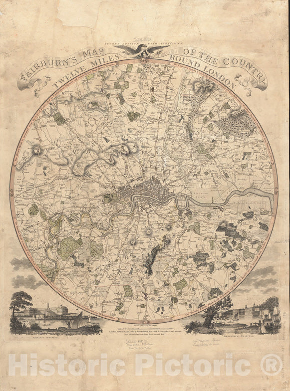 Historical Map, 1800 Fairburn's map of The Country Twelve Miles Round London, Vintage Wall Art