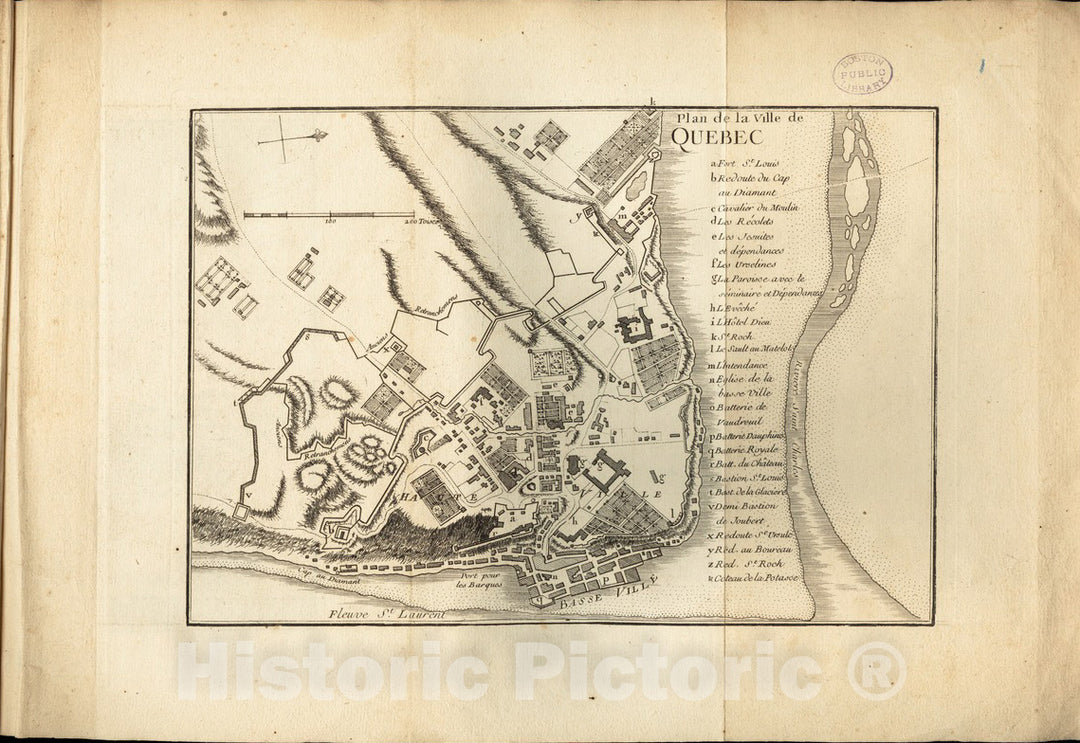 Historical Map, 1755 Plan de la Ville de Quebec, Vintage Wall Art