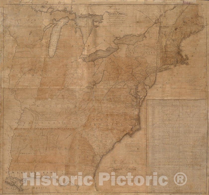 Historical Map, 1796 Map of The United States exhibiting The Post-Roads, The situations, Connections & Distances of The Post-Offices, Stage Roads, Counties, Port, Vintage Wall Art