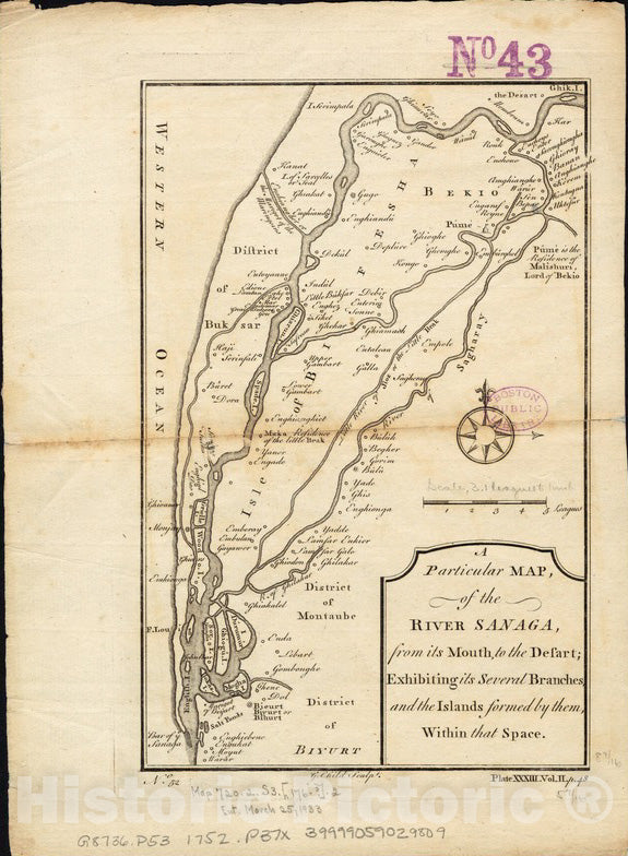 Historical Map, 1752 A particular map of the River Sanaga, from its mouth, to the desart, exhibiting its several branches, and the islands formed by them, within that space, Antique Vintage Wall Art