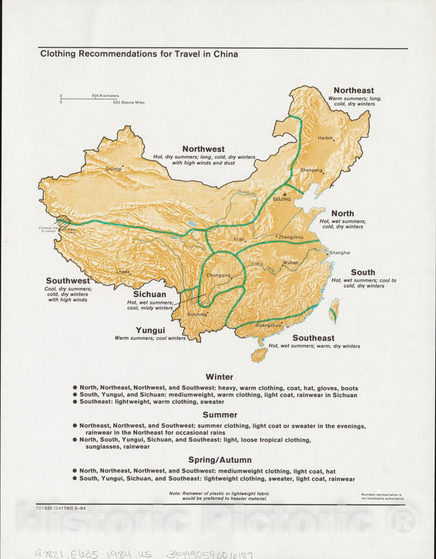 Historical Map, 1984 Clothing recommendations for Travel in China, Vintage Wall Art