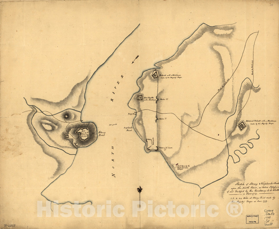 Historical Map, Sketch of Stoney & VerPlank's Points Upon The North River : as Taken Possession of, and Fortified by His Excellency Sir H: Clinton in June 1779, Vintage Wall Art