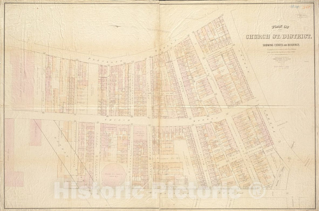 Historical Map, 1868 Plan of Church St. district, showing estates and buildings : as proposed to be taken by the city of Boston under the Act of the Legislature of June 1st, 1867, Vintage Wall Art