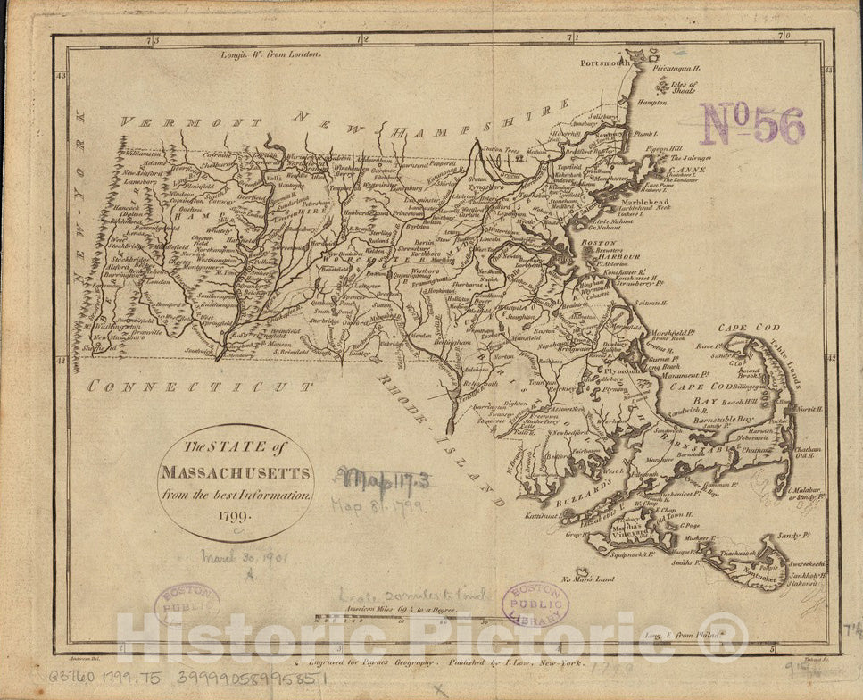 Historical Map, 1799 The State of Massachusetts from The Best Information, Vintage Wall Art