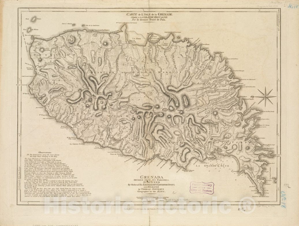 Historical Map, 1775 Carte de l'Isle de la Grenade ceIdeIe a la Grand Bretagne par le dernier traiteI de Paix = Grenada Divided into its parishes, Vintage Wall Art