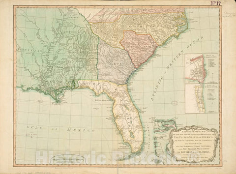 Historical Map, 1794 A New and General map of The Southern dominions Belonging to The United States of America, viz North Carolina, South Carolina, and Georgia, Vintage Wall Art