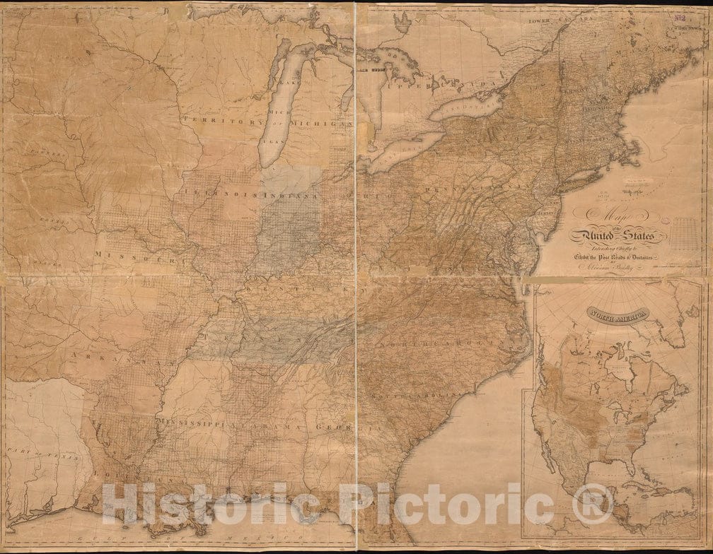 Historical Map, 1828-1836 Map of The United States : intending chiefly to Exhibit The Post Roads & Distances, Vintage Wall Art