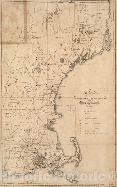 Historical Map, A map of The yearly Meeting of Friends for New England A.D. 1833, Vintage Wall Art