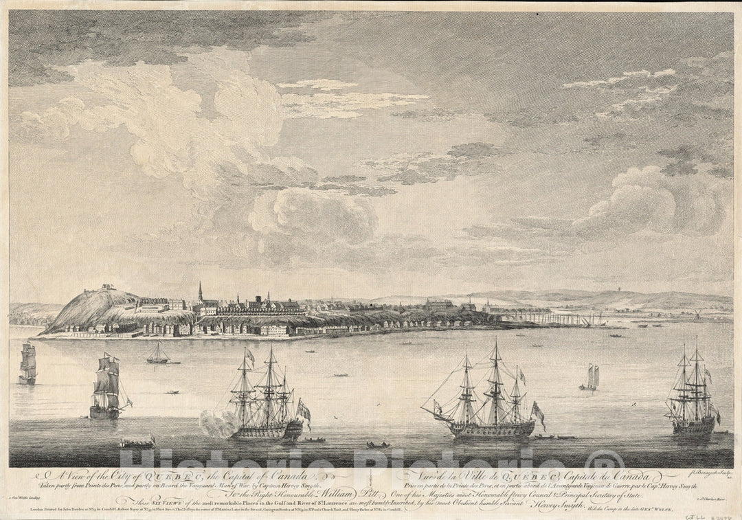 Historical Map, 1768 A view of the city of Quebec, the capital of Canada, taken partly from the Pointe des Peres, and partly on board the Vanguard Man of War, Vintage Wall Art