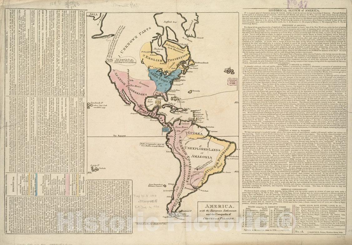 Historical Map, 1800 America, with The European Settlements, and The conquests of Cortes and Pizarro, Vintage Wall Art