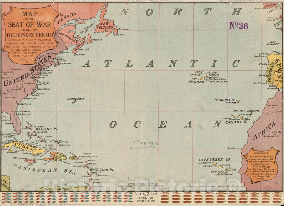 Historical Map, 1898 Map of the seat of war : showing the only practical method by which the movements of the warships of both nations can be accurately followed from day to day, Vintage Wall Art