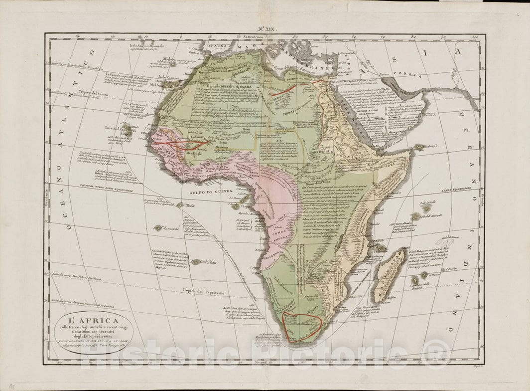 Historical Map, 1830 L'Afrique, Colle tracce Degli antichi e recenti viaggi si marittimi Che terrestri Degli Europei in essa, Vintage Wall Art