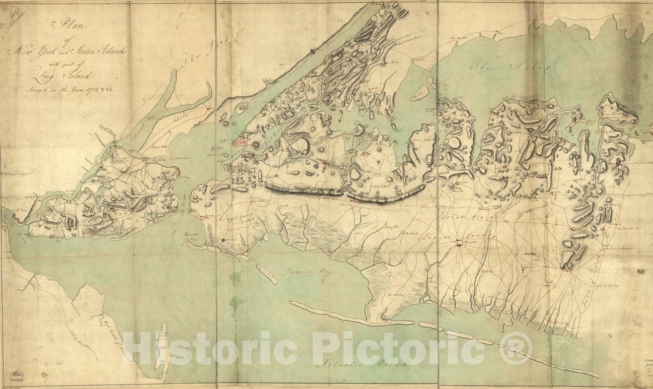 Historical Map, Plan of New York and Staten Islands with part of Long Island, survey'd in the years 1781, 82, Vintage Wall Art