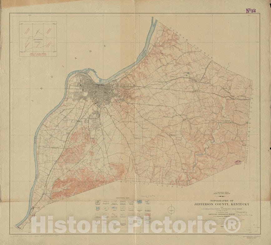 Historical Map, 1912 Topography of Jefferson County, Kentucky : from U.S. Geological Survey Topographic Atlas Sheets surveyed in 1904-1910, Vintage Wall Art