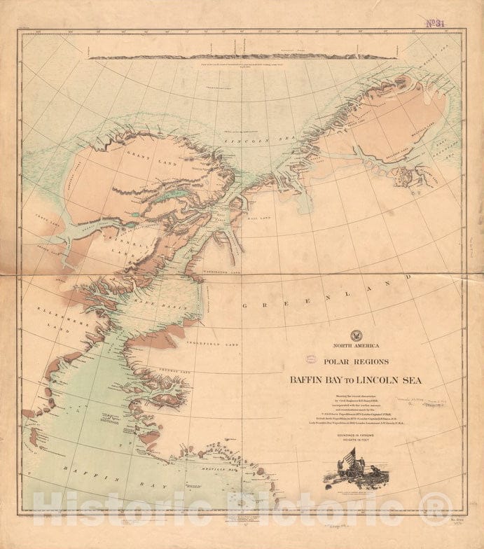 Historical Map, 1903 North America, Polar Regions, Baffin Bay to Lincoln Sea : Showing The Recent Discoveries by Civil Engineer R.E. Peary, U.S.N, Vintage Wall Art