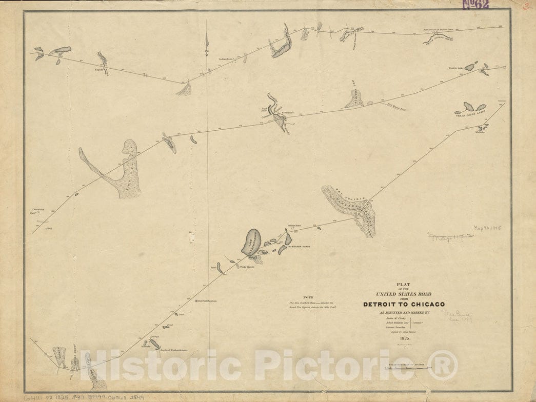 Historical Map, 1825 Plat of The United States Road from Detroit to Chicago [Sheet 3], Vintage Wall Art