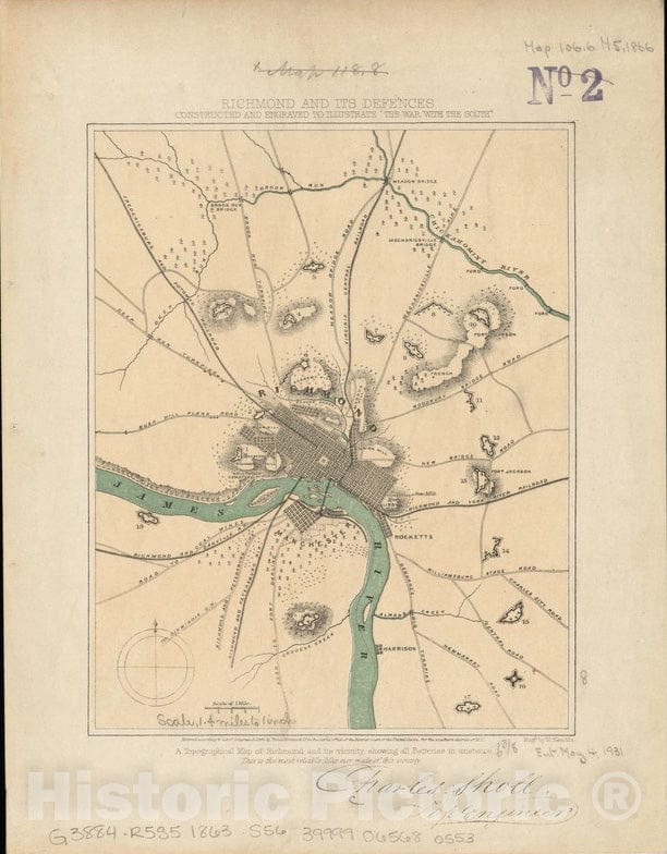 Historical Map, 1863-1867 Richmond and its defences : Constructed and Engraved to illustrate 'The war with The South', Vintage Wall Art