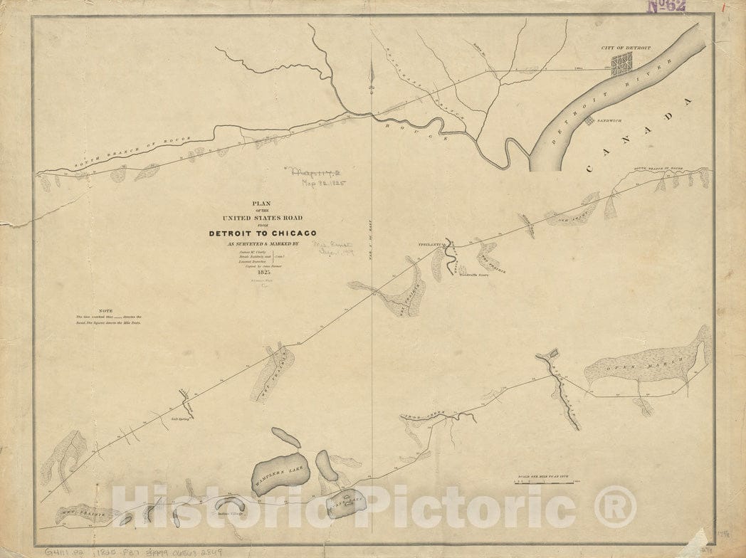 Historical Map, 1825 Plat of The United States Road from Detroit to Chicago [Sheet 1], Vintage Wall Art