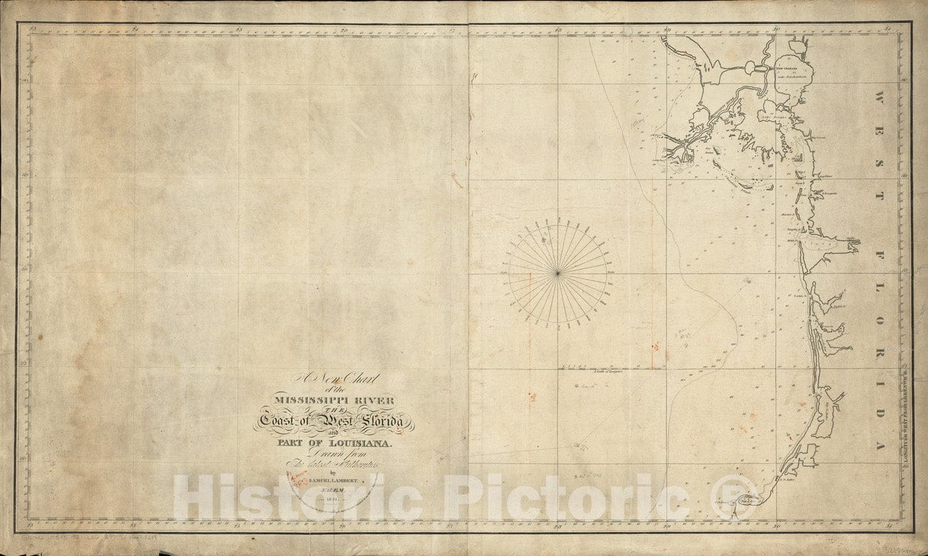 Historical Map, 1821 A New Chart of The Mississippi River, The Coast of west Florida, and Part of Louisiana, Vintage Wall Art