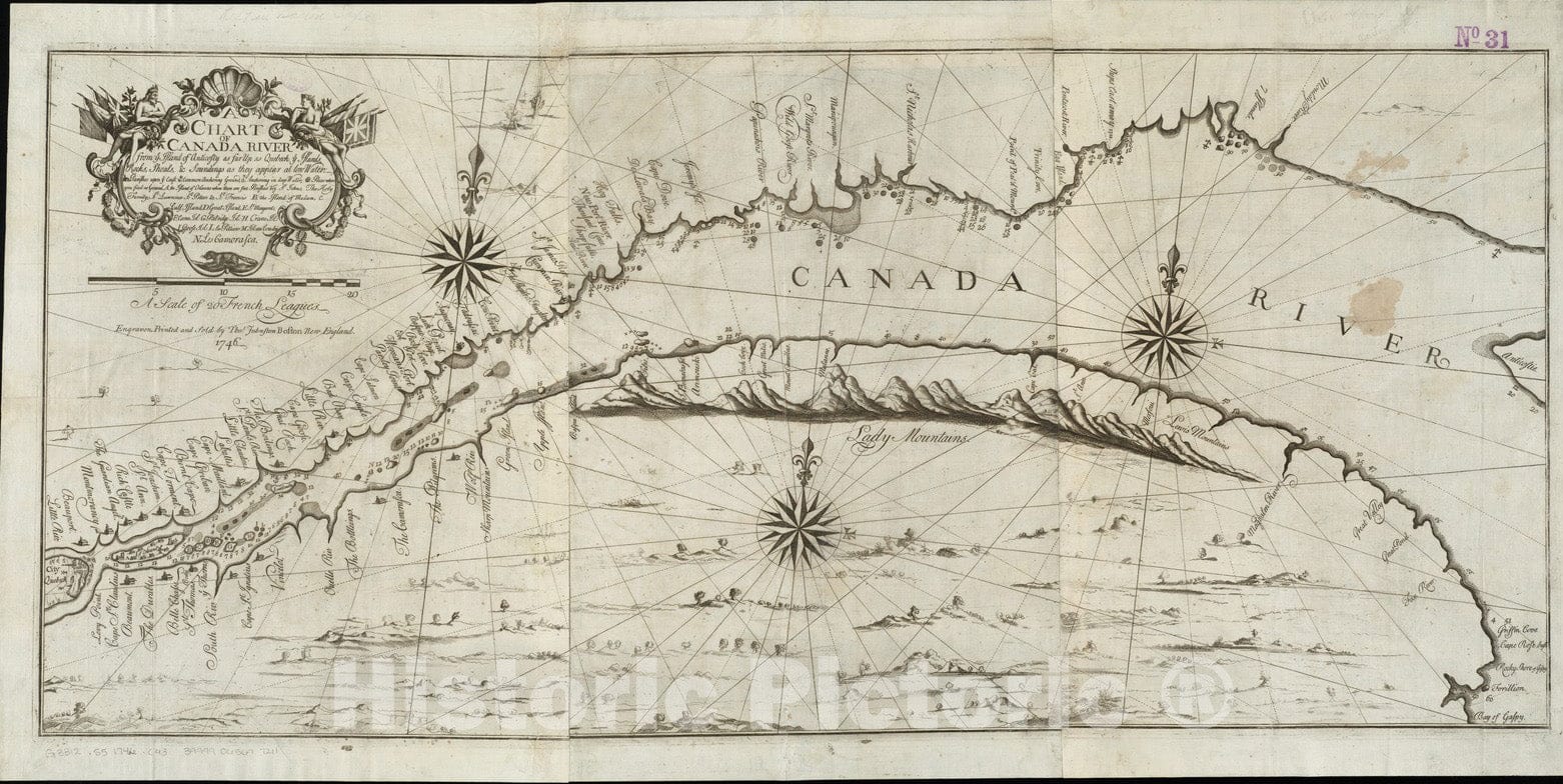 Historical Map, 1746 A Chart of Canada River : from ye Island of Anticosty as far up as Quebeck, ye Islands, Locks, Shoals, soundings as They Appear at Low Water, Vintage Wall Art