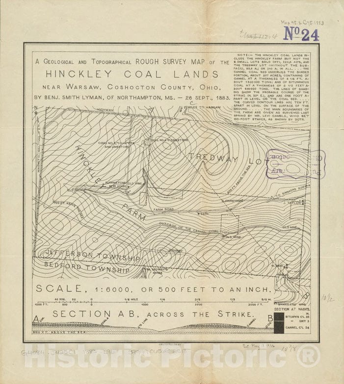 Historical Map, 1883 A Geological and Topographical Rough Survey map of The Hinckley Coal Lands Near Warsaw, Coshocton County, Ohio, Vintage Wall Art