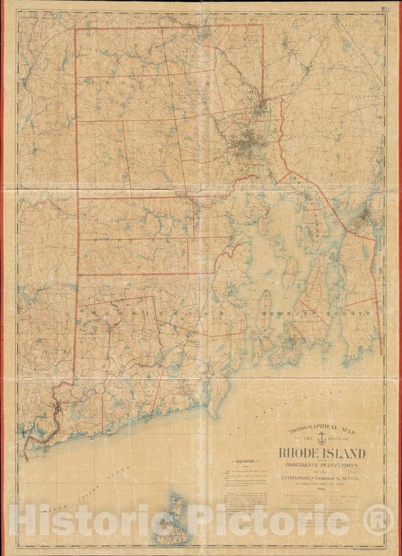 Historical Map, 1891 Topographical map of The State of Rhode Island and Providence Plantations, Vintage Wall Art