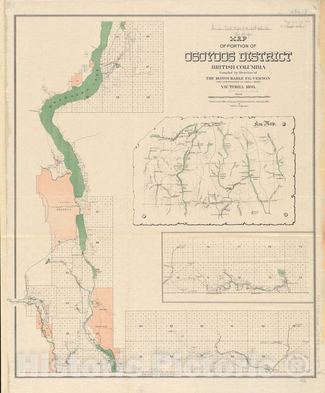 Historical Map, 1893 Map of Portion of Osoyoos District : British Columbia, Vintage Wall Art