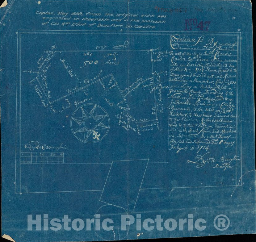 Historical Map, 1714 Carolina is by vertue of a warr and Under of Hand and se All of The Right Honble. Charles Craven, Esqt. Governr. of This Province, Vintage Wall Art