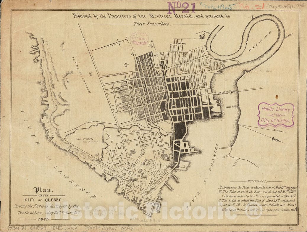 Historical Map, Plan of The City of Quebec : shewing The portions Destroyed by The Two Great Fires, May 28th & June 28th, 1845, Vintage Wall Art