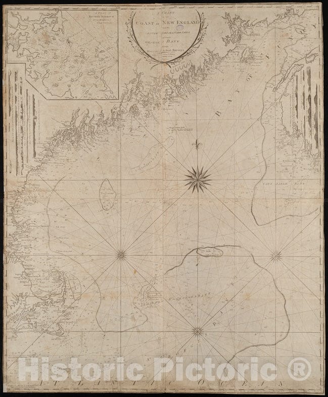 Historical Map, c.1798 A Chart of The Coast of New England from The South Shoal to Cape Sable Including Georges Bay from Holland & Actual surveys, Vintage Wall Art