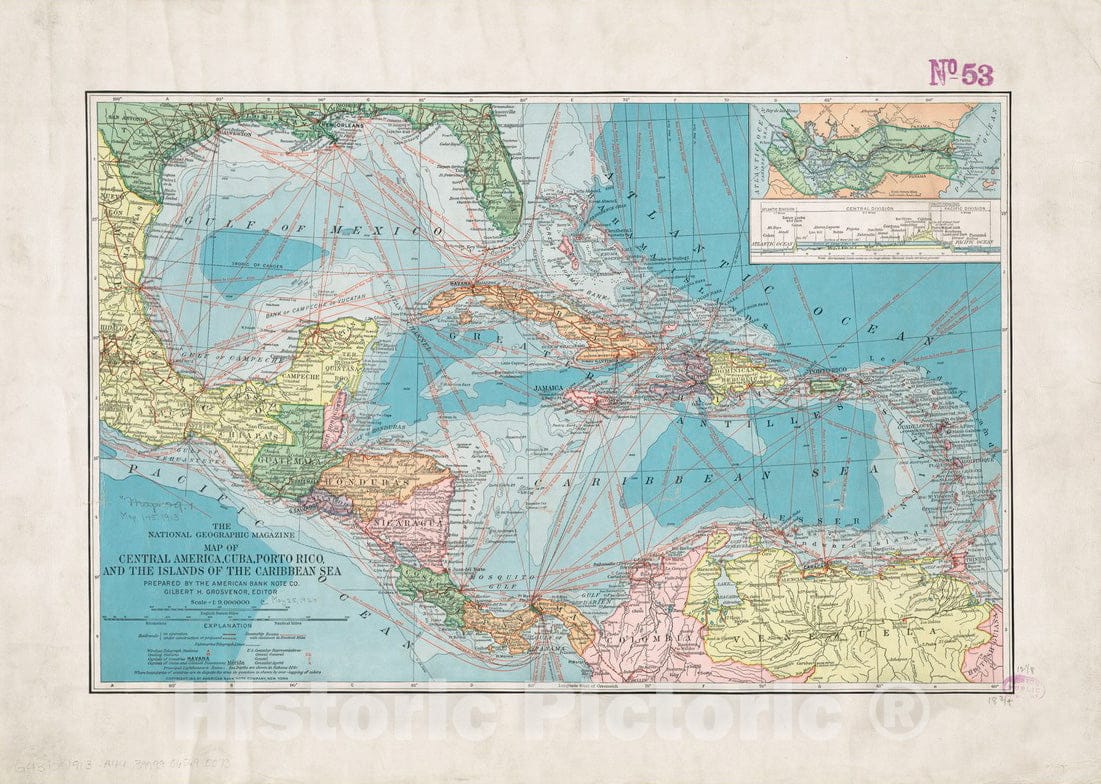 Historical Map, 1913 Map of Central America, Cuba, Porto Rico, and The Islands of The Caribbean Sea, Vintage Wall Art