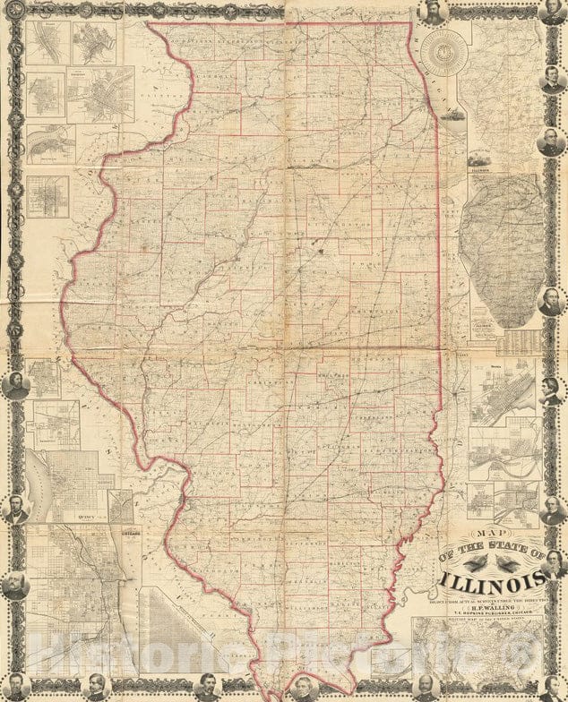 Historical Map, 1863 Map of The State of Illinois, Vintage Wall Art