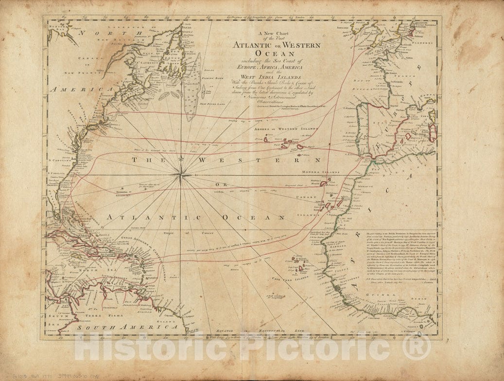 Historical Map, 1771 A New Chart of The vast Atlantic or Western Ocean Including The sea Coast of Europe, Africa, America, and The West India Islands, Vintage Wall Art