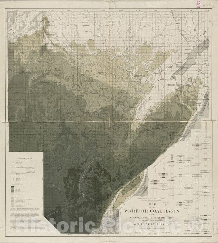 Historical Map, 1898 Map of The Warrior Coal Basin with columnar Sections of Formation, so far as it Carries workable coals, Vintage Wall Art