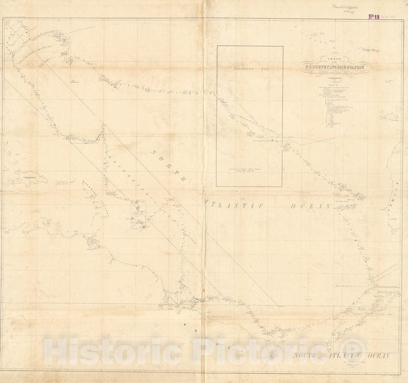 Historical Map, Track of The U.S. Surveying brig Dolphin : from September 1851 to July 1852 : [Atlantic Ocean], Vintage Wall Art