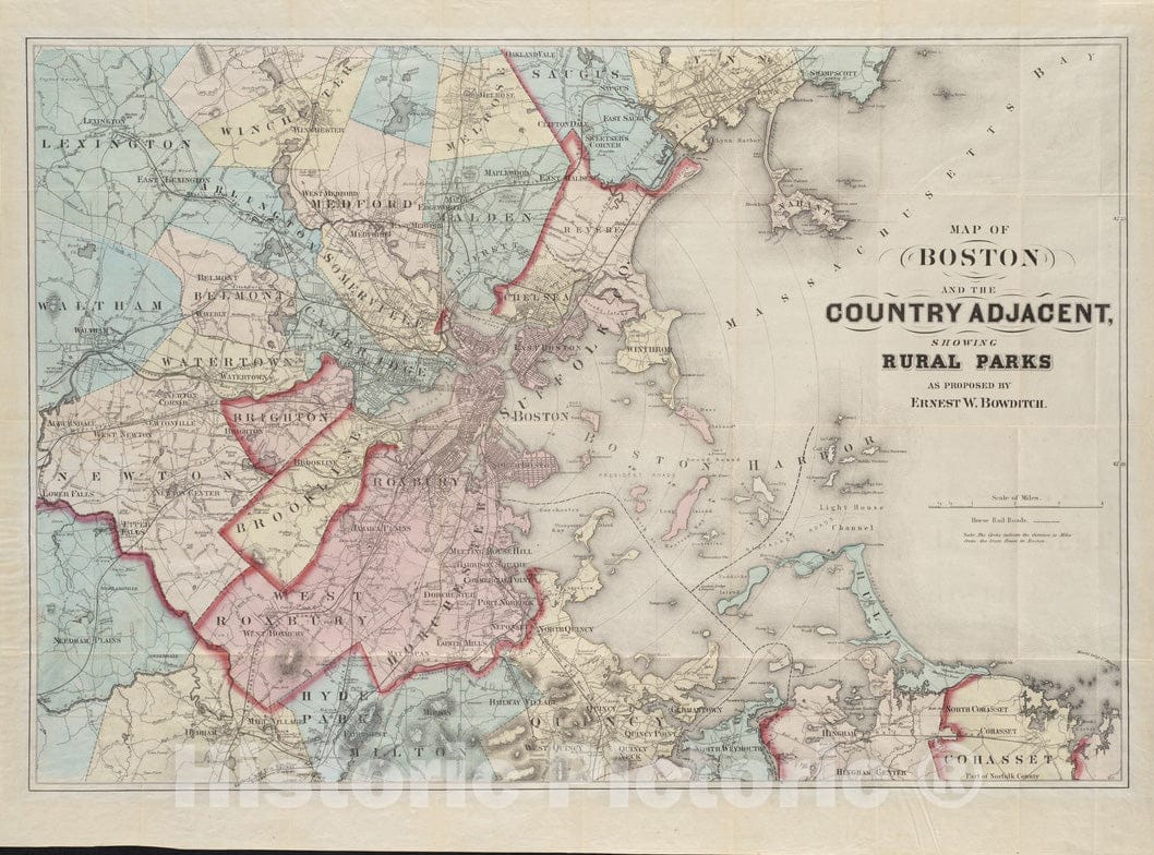 Historical Map, ca. 1874 Map of Boston and the country adjacent, showing rural parks, Vintage Wall Art