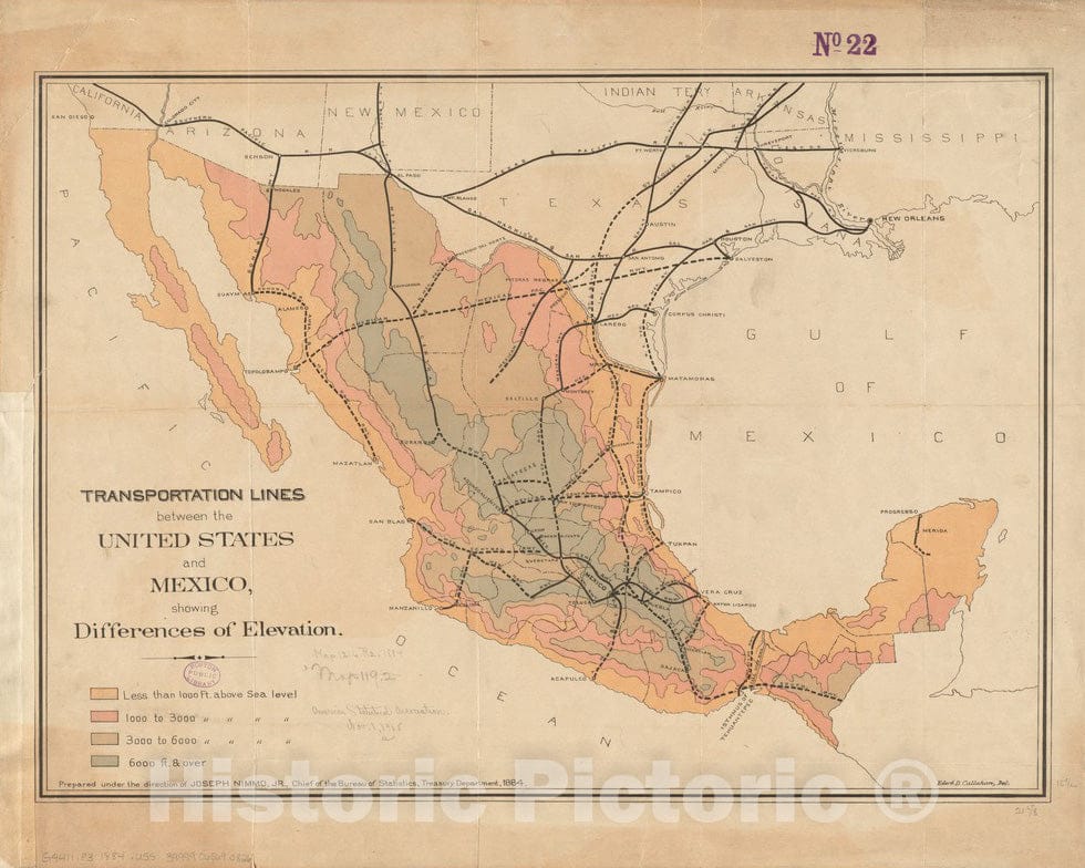 Historical Map, 1884 Transportation Lines Between The United States and Mexico, Showing Differences of Elevation, Vintage Wall Art