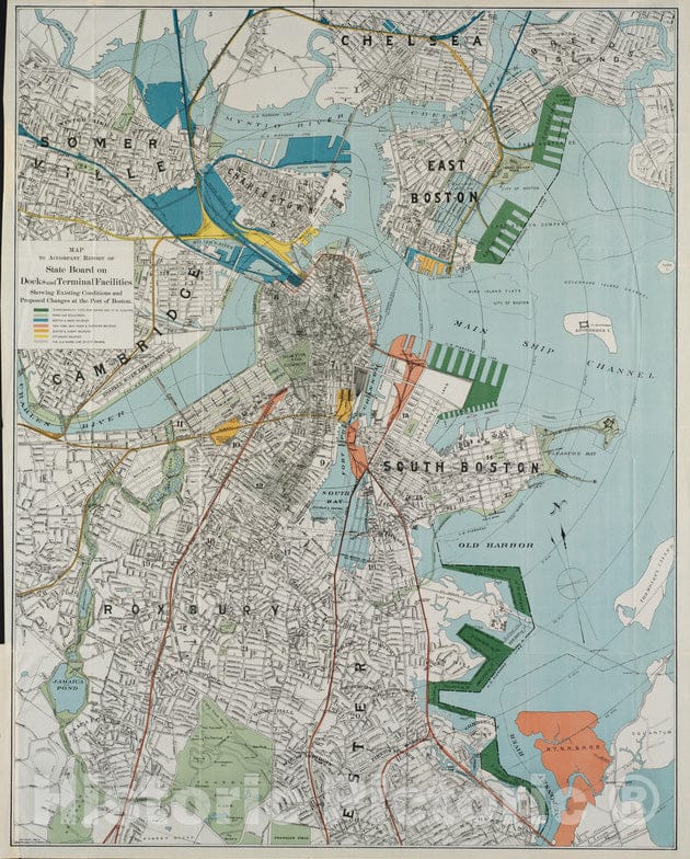 Historical Map, 1896 Map to accompany Report of State Board on Docks and Terminal Facilities : Showing existing Conditions and Proposed Changes at The Port of Boston, Vintage Wall Art