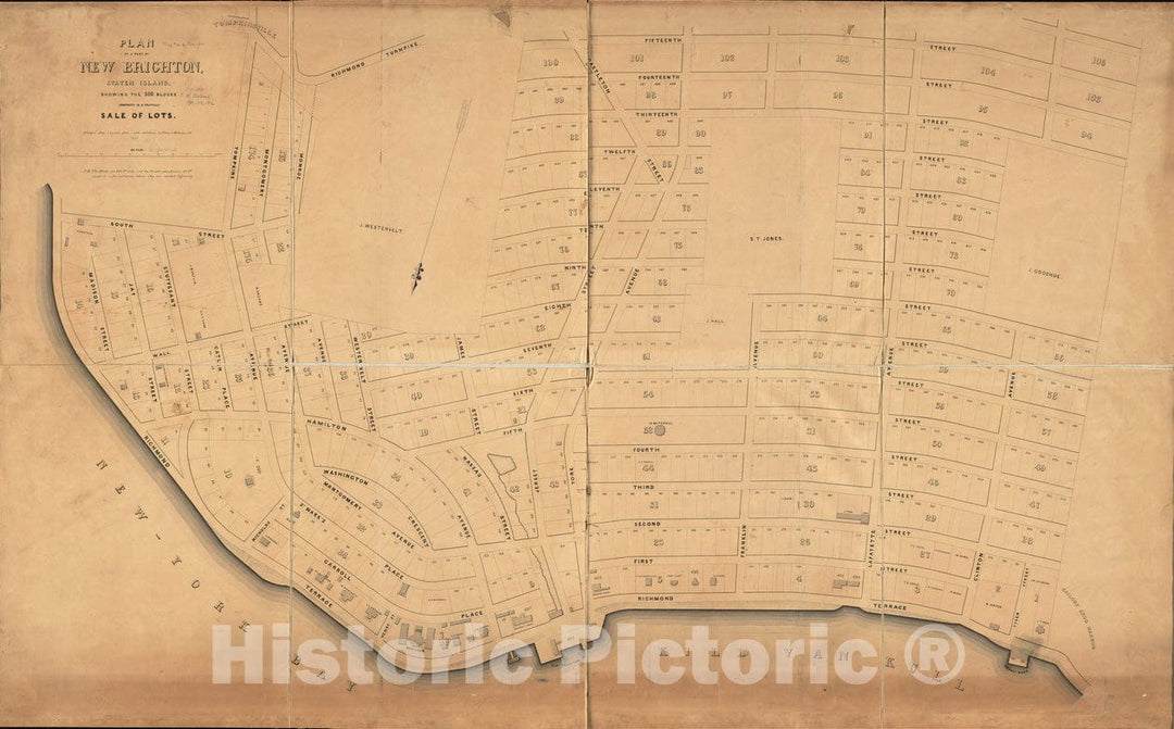 Historical Map, 1841 Plan of a Part of New Brighton, Staten Island, Showing The 500 Blocks comprised in a Proposed Sale of Lots, Vintage Wall Art