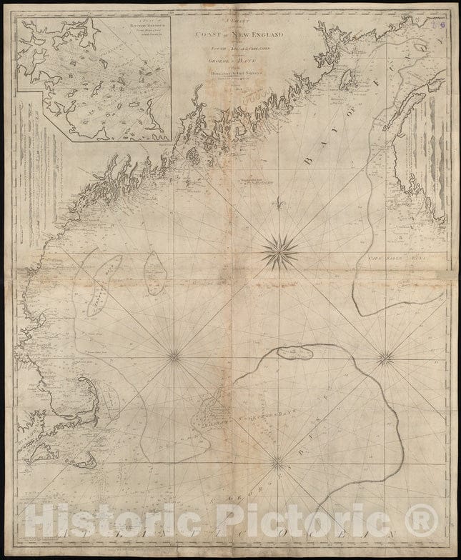 Historical Map, 1816 The Coast of New England from The South Shoal to Cape Sable Including Georges Bay from Holland & Actual surveys, Vintage Wall Art