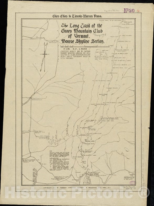 Historical Map, 1918 The Long Trail of The Green Mountain Club : Monroe Skyline Section : Glen Ellen to Lincoln-Warren Pass, Vintage Wall Art