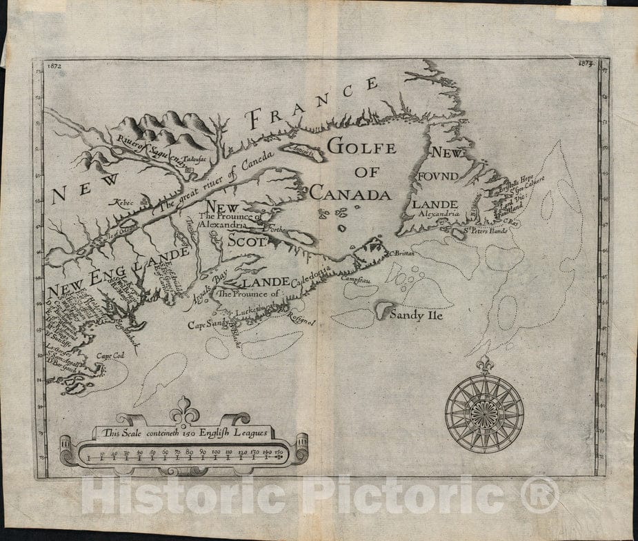 Historical Map, 1625 New France, New Englande, New Scotlande, and New Foundlande, Vintage Wall Art