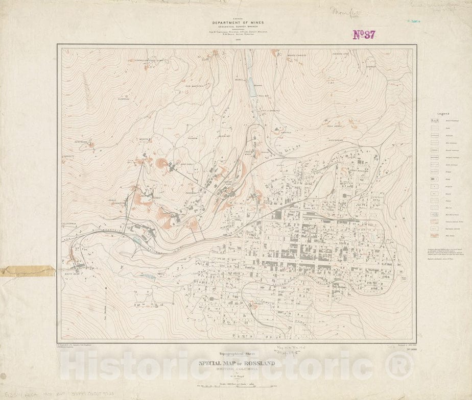 Historical Map, 1908 Special map of Rossland, British Columbia, Vintage Wall Art