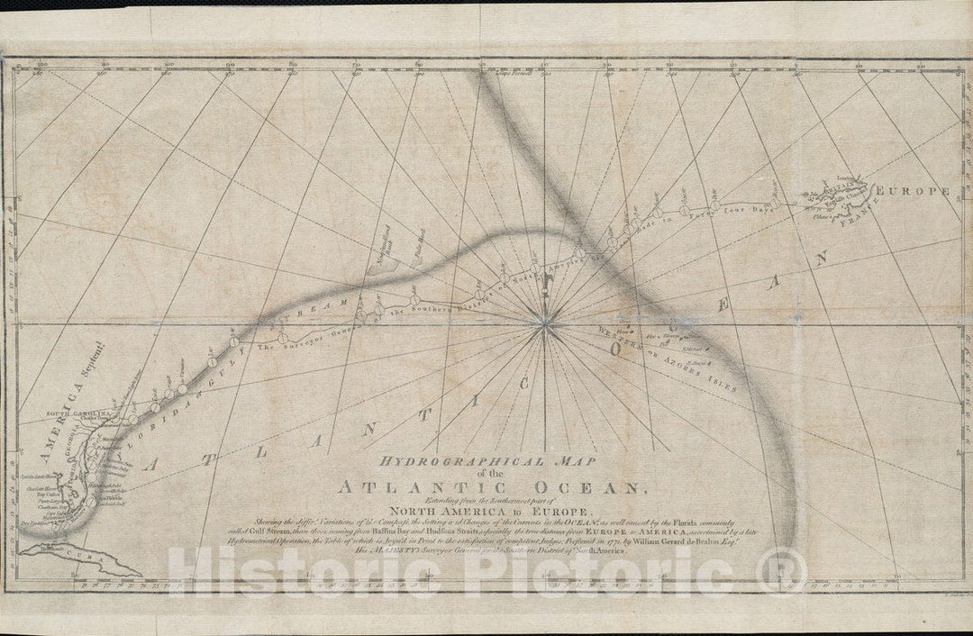 Historical Map, 1771 Hydrographical map of The Atlantic Ocean, Extending from The southermost Part of North America to Europe : Shewing The differt. Variations, Vintage Wall Art