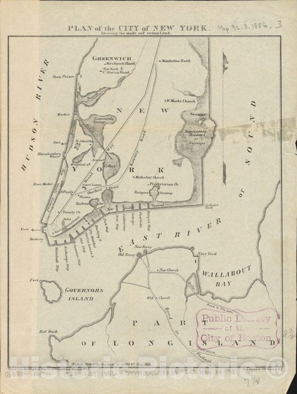 Historical Map, 1856 Plan of The City of New York : Showing The Made and Swamp Land, Vintage Wall Art