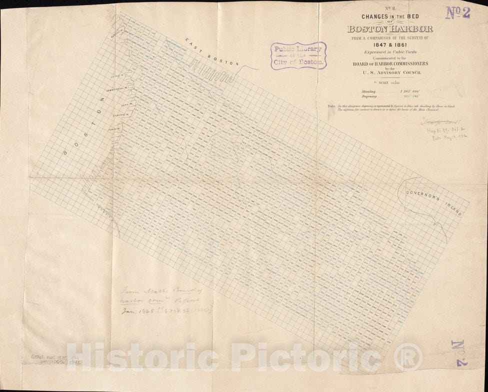 Historical Map, Changes in The Bed of Boston Harbor, from a Comparison of The surveys of 1835 & 1847, Vintage Wall Art